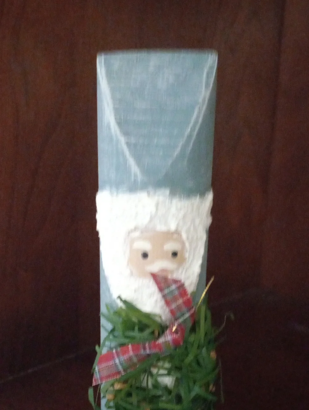 Handcrafted Powder Blue Wood Santa Holiday Figurine with Green Wreath